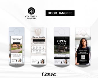 May include: Door hangers with real estate marketing designs. The door hangers feature the Coldwell Banker logo, text, and images. One door hanger says "Take a look at this new listing". Another says "Open House".