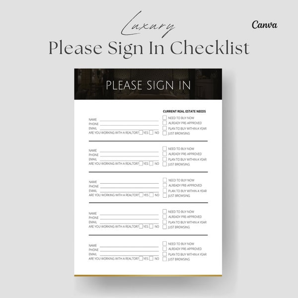 Real Estate Open House Sign In Sheet, Realtor Open House, Sign In Sheet Editable Canva Template & PDFs, Real Estate Marketing Templates