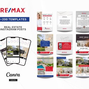 Puede incluir: Una colección de plantillas de publicaciones de Instagram de bienes raíces. La imagen presenta el logotipo de RE/MAX, el texto "+200 TEMPLATES" y las palabras "REAL ESTATE INSTAGRAM POSTS". La palabra "Canva" y la palabra "Editable" también son visibles. La imagen muestra ejemplos de publicaciones de Instagram.