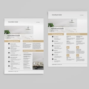 May include: Two informational guides on a gray background. The "Home Seller's Guide" and "Home Buyer's Guide" feature text and graphics. The guides have a white background with tan and black text. The guides are for real estate.