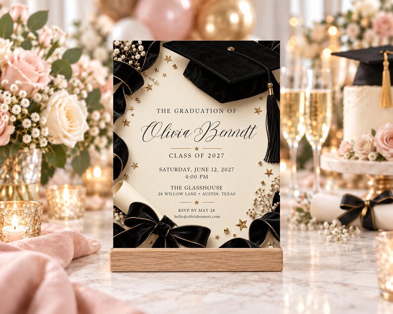 Grad Card Invitations Black Bow Graduation Invitation, Ivory Pearl and Ribbon Frame, Editable ...