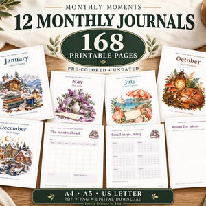 Printable Monthly Journal Bundle, 168 Pre-Colored Pages, 12 Undated Themes, Mood & Habit Trackers, A4 A5 US Letter PDF PNG