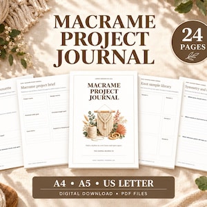 Könnte beinhalten: Ein 24-seitiges Makramee-Projektjournal als digitaler Download mit A4-, A5- und US-Letter-PDF-Dateien. Das Cover zeigt den Titel Macrame Project Journal mit einer Makramee-Illustration und dem Text Find a rhythm in cord, knots and open space.