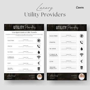 Può includere: Una guida in bianco e nero per i fornitori di servizi pubblici per una nuova casa. La guida include informazioni di contatto per i servizi di elettricità, telefono, acqua, cavo e internet, gas e raccolta dei rifiuti. La guida include anche icone per ogni servizio.