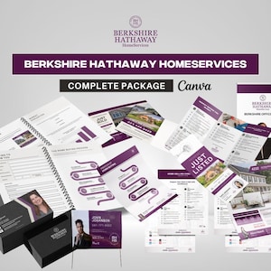 May include: A collection of Berkshire Hathaway HomeServices marketing materials, including brochures, notepads, and business cards. The design features a purple and white color scheme with the text "COMPLETE PACKAGE" and "JUST LISTED".
