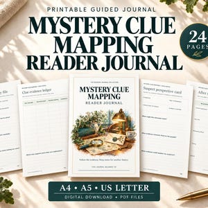 May include: A printable guided journal titled Mystery Clue Mapping Reader Journal with 24 pages. The set includes various templates like a clue evidence ledger, suspect perspective card, and after the reveal page. Available in A4, A5, and US Letter sizes.