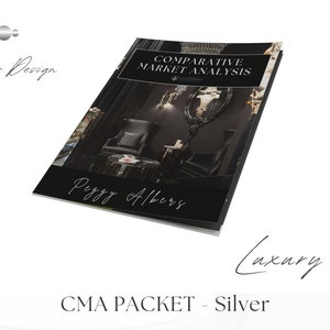 May include: A black and white cover for a Comparative Market Analysis report with the title "Comparative Market Analysis" and the name "Peggy Albers" at the bottom. The cover features a photo of a luxurious living room with a black armchair, a black and gold floor lamp, and a large chandelier.