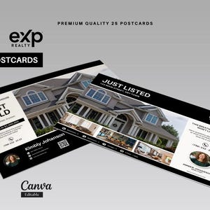 Op de afbeelding: Twee vastgoedpostkaarten met afbeeldingen van huizen. Eén zegt "Net verkocht" en de andere "Net vermeld". Beide hebben het "exp Realty" logo en contactgegevens. De postkaarten zijn gelabeld met "Premium Quality 25 Postcards."