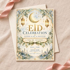 May include: An Eid celebration invitation card featuring a gold crescent moon, two hanging lanterns, and a cityscape illustration. The text reads EID CELEBRATION, GATHER IN JOY & GRATITUDE, YOU'RE INVITED, DATE, TIME, VENUE NAME, STREET ADDRESS, CITY, RSVP, NAME, CONTACT.