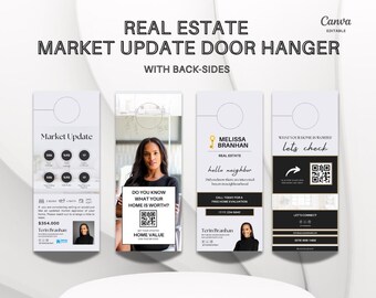 May include: A set of three door hangers for real estate agents. The first door hanger features a market update with a photo of a woman and the text "$354,000". The second door hanger features a photo of a woman and the text "Do you know what your home is worth?" The third door hanger features a QR code and the text "What your home is worth? Let's check."