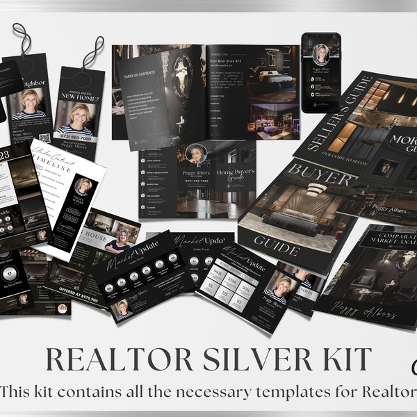 Silver Real Estate Templates Canva, Realtor Marketing, Real Estate Social Media, Black Realtor Branding, Realtor Tools, Silver Kit