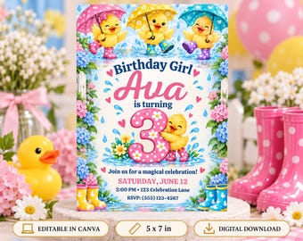 May include: A 12.7 by 17.8 cm birthday invitation card featuring three yellow ducklings in rain boots and umbrellas, pink hydrangea flowers, and a large pink number 3. The text reads Birthday Girl Ava is turning 3, Join us for a magical celebration, Saturday, June 12, 2:00 PM, 123 Celebration Lane, RSVP: (555) 123-4567.