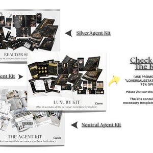 May include: A collage of different real estate agent kits, including the Gold Agent Kit, Silver Agent Kit, Luxury Kit, and The Agent Kit. Each kit contains templates for real estate agents. Use promo code "LOVEREALESTATE" to get 75% off.
