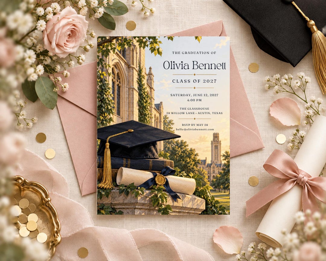 Grad Card Invitations College Graduation Invitation, Sunlit Tower and Cap, Editable Canva ...