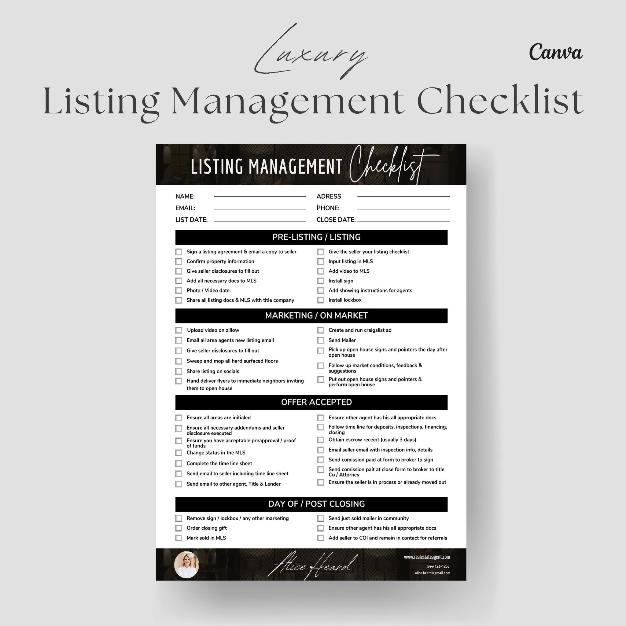 Luxury Real Estate Listing Management Checklist, Real Estate Marketing, Listing to Close Checklist, Realtor Checklist, Realtor Marketing