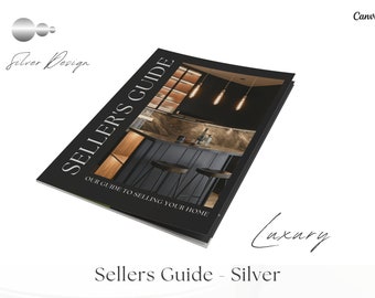 May include: A black and white brochure with the title "Seller's Guide" and the text "Our Guide to Selling Your Home". The brochure features a photo of a modern home bar with black cabinets, a marble countertop, and bar stools.