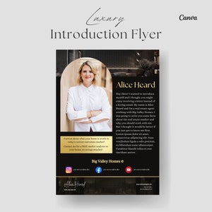 以下が含まれることがあります： 「Luxury Introduction Flyer」のテキストが上部にある不動産紹介フライヤー。不動産業者であるアリス・ハードの写真と連絡先、ソーシャルメディアのアイコンが掲載されています。