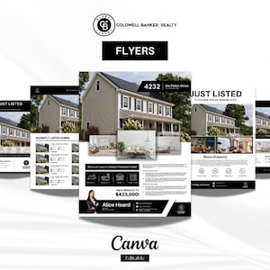 以下が含まれることがあります： Coldwell Banker Realtyの不動産チラシのコレクション。チラシには「Just Listed」の文字が入った家が表示され、住所、価格、エージェント情報などの詳細が含まれています。「Flyers」という単語は黒い長方形で表示されています。