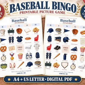 May include: Two Baseball Bingo game cards featuring 5x5 grids with illustrations of baseball-related items. Each card includes the text Baseball Picture Bingo, a Free Space, and card numbers 01/50 and 02/50. The cards are labeled A4 + US Letter Digital PDF.