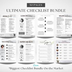 Può includere: Un set di 50 checklist stampabili per agenti immobiliari. Le checklist sono organizzate in categorie come trasloco, giorno di chiusura, il processo, questionario del venditore, vendita di una casa, checklist dell'acquirente, per favore registrati e raccomandazioni dei prestatori. Le checklist sono progettate in uno stile minimalista con uno schema di colori grigio e bianco.