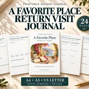 May include: A printable guided journal titled A Favorite Place Return Visit Journal, featuring 24 pages of prompts. The cover displays a watercolor illustration of a coastal view with flowers, a chair, and a book. Includes A4, A5, and US Letter sizes.