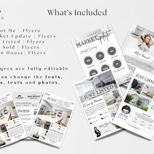 May include: A set of 45 real estate flyers, including flyers for "About Me", "Market Update", "Just Listed", "Just Sold", and "Open House". The flyers are fully editable and feature a modern design with a black and white colour scheme. The flyers include photos of houses and a realtor's headshot.