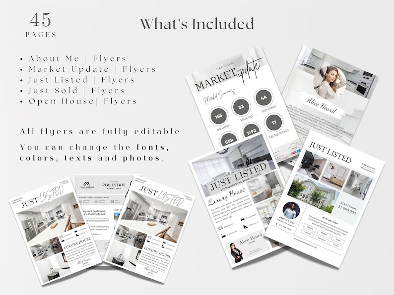 May include: A set of 45 real estate flyers, including flyers for "About Me", "Market Update", "Just Listed", "Just Sold", and "Open House". The flyers are fully editable and feature a modern design with a black and white colour scheme. The flyers include photos of houses and a realtor's headshot.