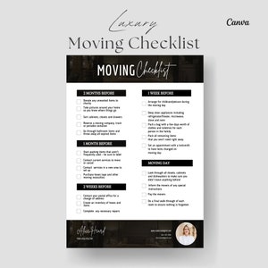 May include: A black and white checklist for moving with a list of tasks to complete two months, one month, two weeks, one week, and on moving day. The checklist includes tasks such as donating unwanted items, taking pictures of your home, sorting cabinets, reserving a moving company, packing items, contacting services, creating an inventory of boxes, and completing necessary repairs. The checklist also includes tasks for the moving day, such as arranging for childcare, deep cleaning appliances, packing a bag with clothes and toiletries, setting an appointment with a locksmith, and doing a final walk-through of each room to ensure nothing is forgotten. The checklist is titled "Luxury Moving Checklist" and is designed by "Alice Heard".