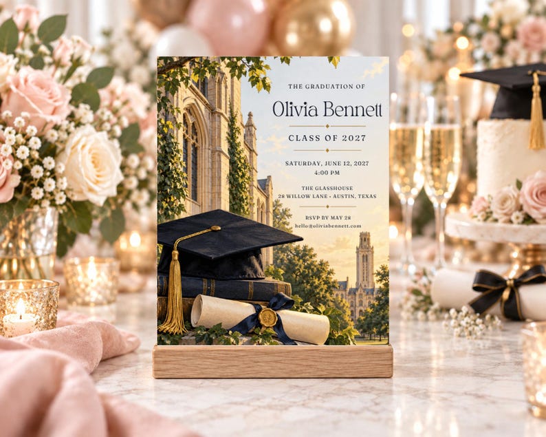 Grad Card Invitations College Graduation Invitation, Sunlit Tower and Cap, Editable Canva ...