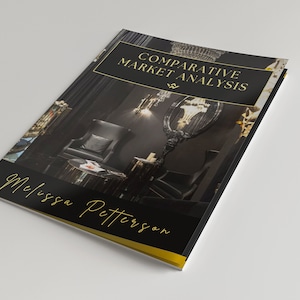 May include: A black and gold book cover with the title "Comparative Market Analysis" and the author's name "Melissa Petterson". The cover features a photo of a dark interior with a chair, a table, and a chandelier.