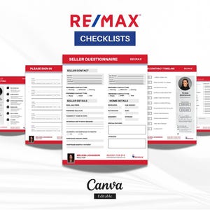 May include: A collection of RE/MAX checklists, including a seller questionnaire and contract timeline. The documents feature red and white accents with the RE/MAX logo. The Canva logo is visible at the bottom, indicating the design is editable.