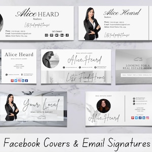 May include: A collection of Facebook covers and email signatures for a real estate agent named Alice Heard. The designs feature headshots, contact information, and the phrases "Let's Find Perfect Houses" and "Let's Find Home."