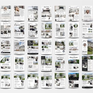 May include: A collection of real estate flyers with various designs and layouts. The flyers feature images of houses, open house announcements, and information about the properties. Some flyers include the text "Just Listed", "Just Sold", and "Open House".