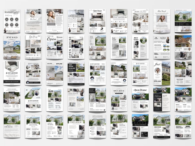 May include: A collection of real estate flyers with various designs and layouts. The flyers feature images of houses, open house announcements, and information about the properties. Some flyers include the text "Just Listed", "Just Sold", and "Open House".