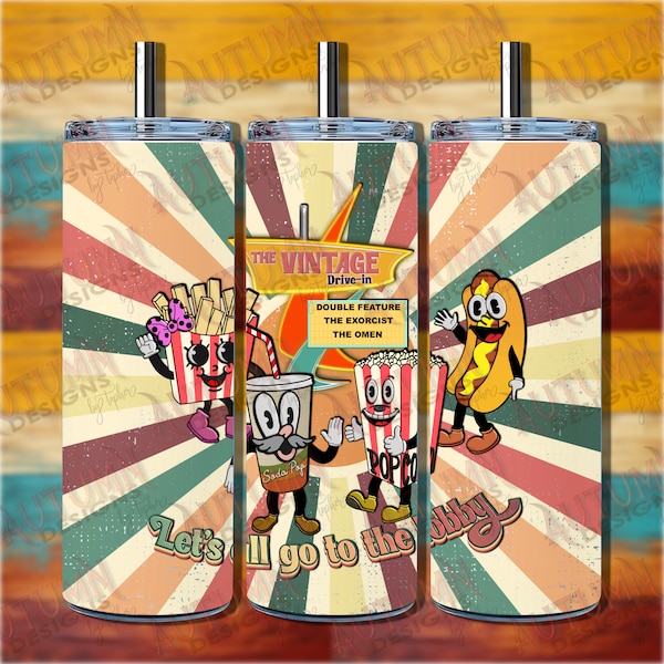 Retro Drive-In 20oz Tumbler Wrap, Vintage Movie Snacks, Classic Cinema, Digital PNG, Straight & Tapered