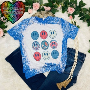 Retro 4 de julio camiseta gráfica blanqueada, camisa de moda, rojo, blanco, azul, día de la independencia, día de los caídos, 4 de julio, paz, camiseta de estilo vintage
