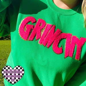 Grinchy Pink Chenille Patch Sweater, Christmas Sweatshirt, Trendy, Unisex Crewneck