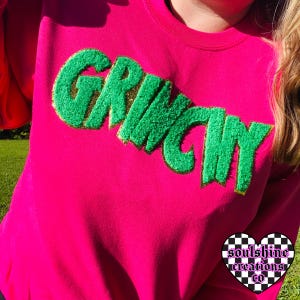 Grinchy Green Chenille Patch Sweater, Christmas Sweatshirt, Trendy, Unisex Crewneck