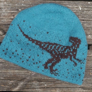 May include: Teal blue knitted hat with a brown dinosaur design. The dinosaur is facing right and has a long tail.