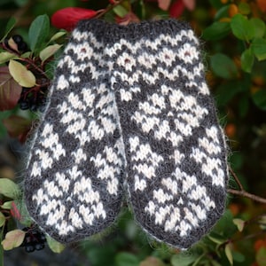 Könnte beinhalten: Ein Paar gestrickte Fäustlinge mit einem geometrischen Muster in Grau und Off-White. Die Fäustlinge werden vor einem Hintergrund aus grünen und roten Blättern und Beeren gezeigt.