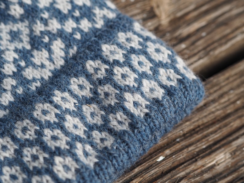May include: Close-up of a blue and white knitted fabric with a geometric pattern. The fabric is soft and textured, with a fuzzy appearance.