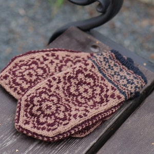 May include: A pair of knitted mittens with a brown and burgundy geometric pattern. The mittens have a dark blue cuff.