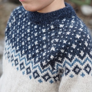Peut inclure: Un pull en tricot blanc et bleu avec un motif scandinave traditionnel. Le pull a un col rond et des manches longues.