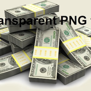Può includere: Una pila di banconote in dollari americani, con bande gialle, su una superficie bianca. Il testo "Transparent PNG file" è visibile nella parte superiore dell'immagine.
