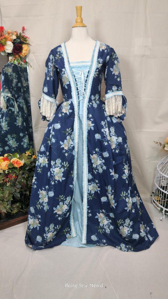 18th Century Rococo Gown - Dark Blue Floral Cotton Marie Antoinette Dress