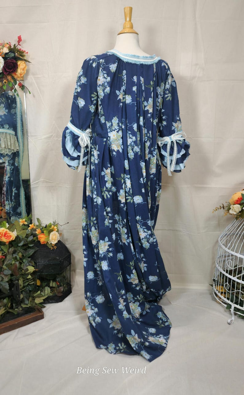 18th Century Rococo Gown - Dark Blue Floral Cotton Marie Antoinette ...