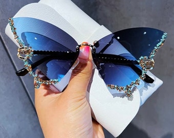 Butterfly Shaped Sunglasses | Rhinestone Trimmed | Oversized Glasses