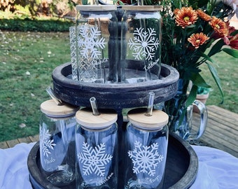 16oz Glass Tumblers with Bamboo Lids - Customized with Names & Decals for Bachelorette, Bridesmaids Gifts, Reunion, Getaway