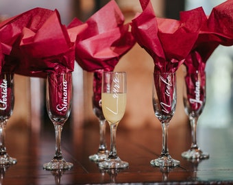 6oz Glass Champagne Flutes with Custom Names for Bridesmaids Wedding Party Bachelorette Bridal Shower