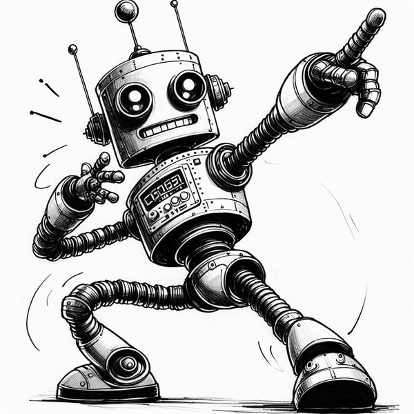 Retro Dancing Robot Print Wall Art Black and White Robot - Bolt! Digital Download Dancing Robot